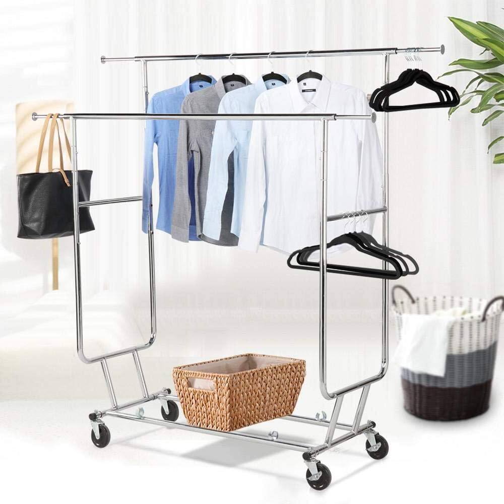 Left. Hivvago - Heavy Duty Double Bar Clothes Hanging Garment Rack on Lockable Wheels - Silver.