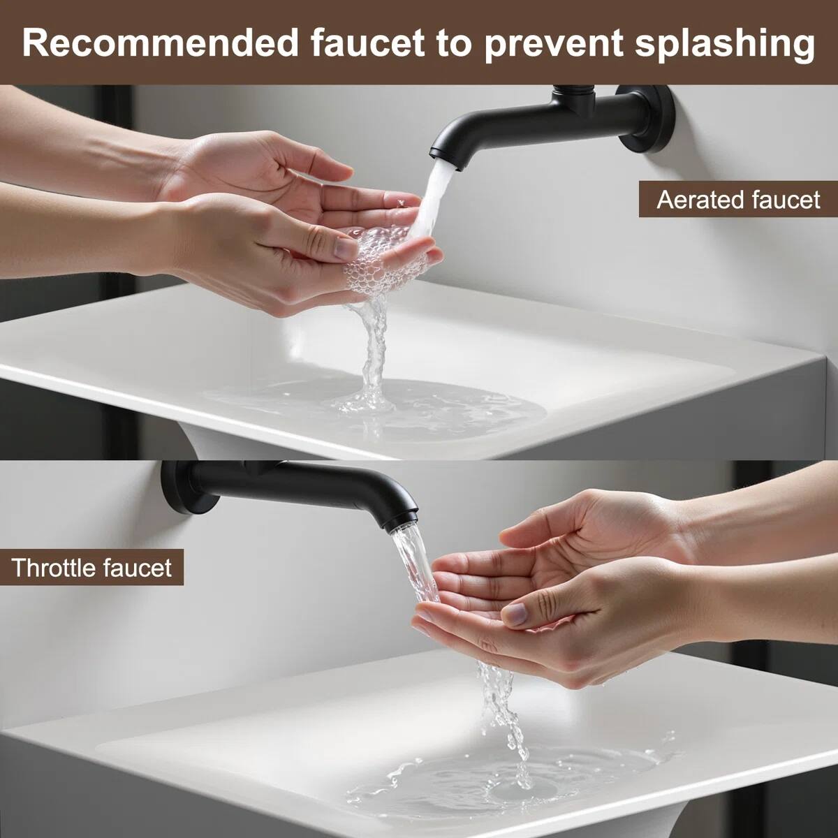Recommended faucet to prevent splashing

Aerated faucet

Throttle faucet