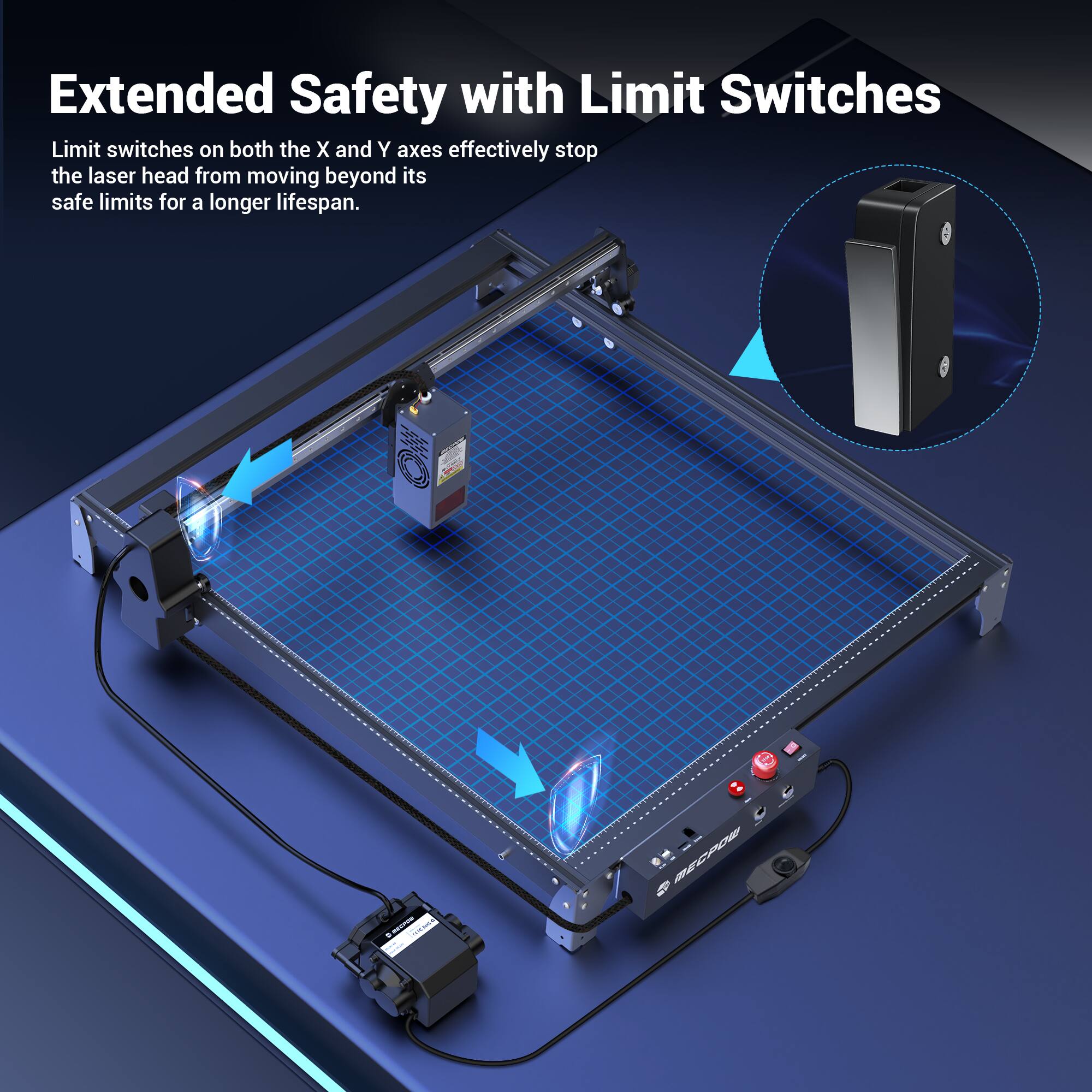 Extended Safety with Limit Switches: Limit switches on both the X and Y axes effectively stop the laser head from moving beyond its safe limits for a longer lifespan.