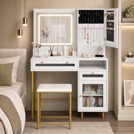 WELLFOR - Modern Vanity Set with LED Light Mirror & Charging Station, Makeup Vanity Desk with Storage Stool,Jewelry Cabinet - White
