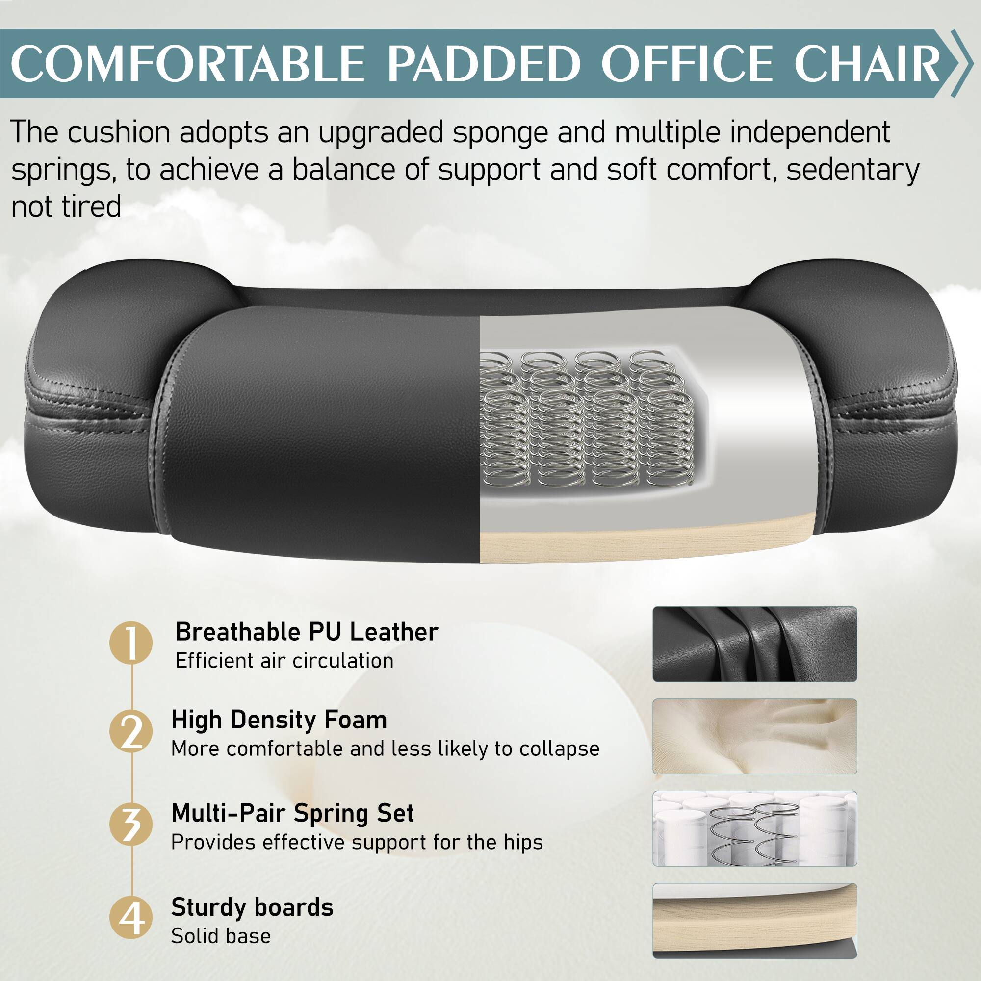 COMFORTABLE PADDED OFFICE CHAIR

The cushion adopts an upgraded sponge and multiple independent springs, to achieve a balance of support and soft comfort, sedentary not tired

1. Breathable PU Leather
Efficient air circulation

2. High Density Foam
More comfortable and less likely to collapse

3. Multi-Pair Spring Set
Provides effective support for the hips

4. Sturdy boards
Solid base