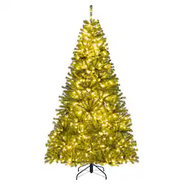 Costway - 7 FT Pre-Lit Artificial Christmas Tree with 1098 Branch Tips 1000 Warm White LED Lights 3 Lighting Modes - Green