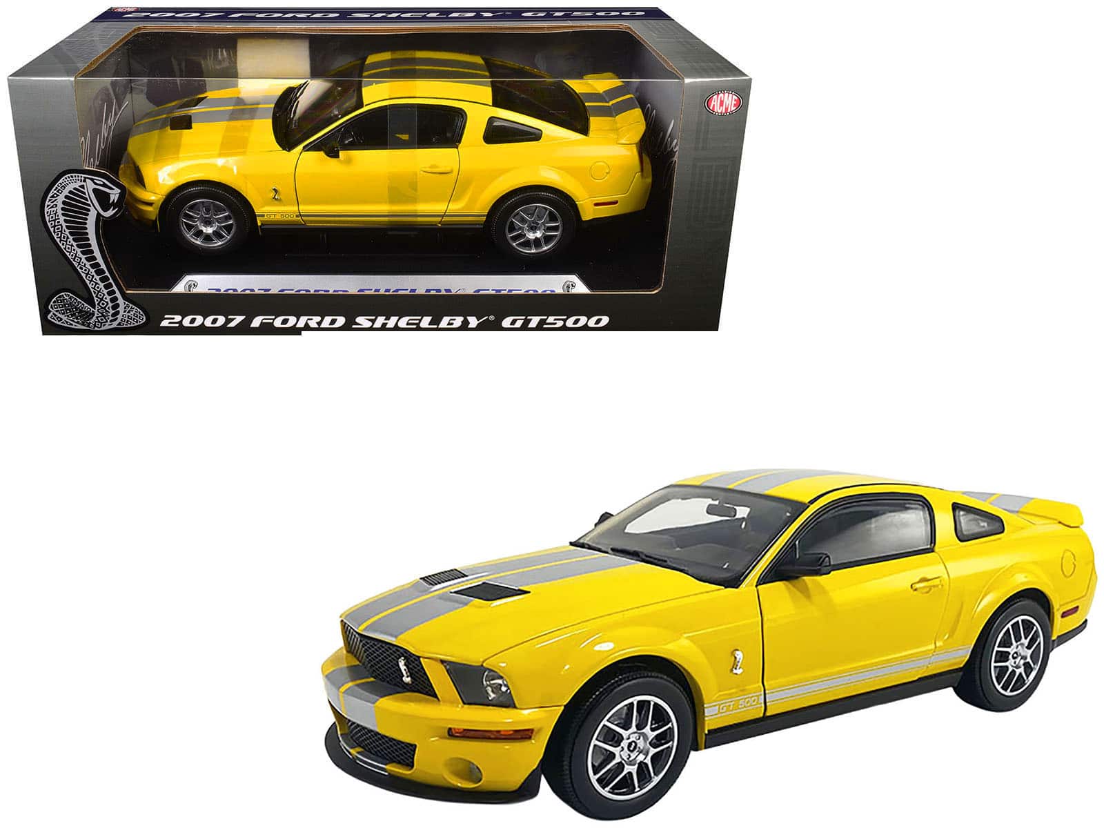 "2007 Ford Shelby GT500 Yellow with Silver Stripes ""Shelby Collectibles"" Series 1/18 Diecast Model Car by ACME" price history on PriceWatchPro