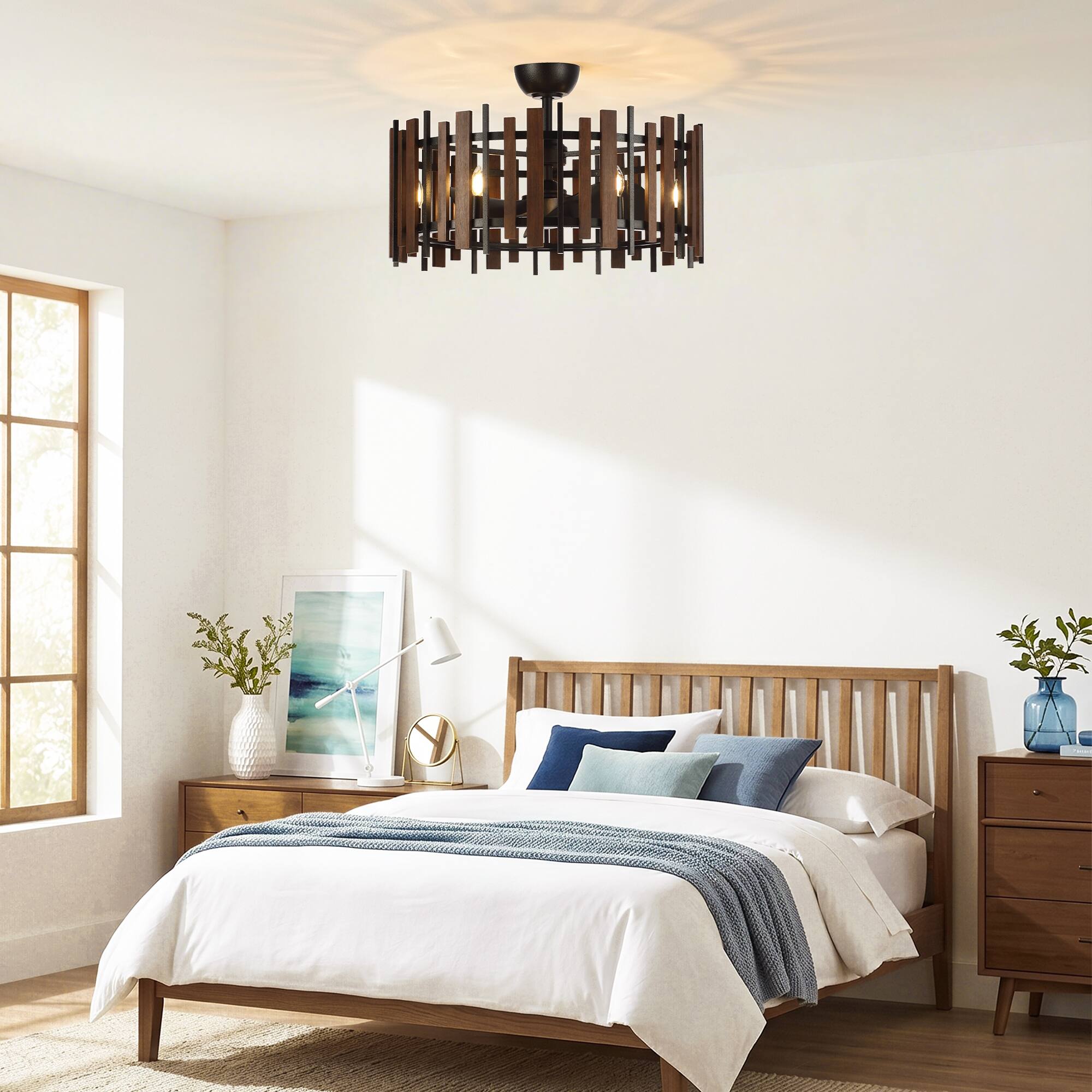 Back. Parrot Uncle - 31" Farmhouse Black Wood Caged Ceiling Fan With Light and Remote - Black.
