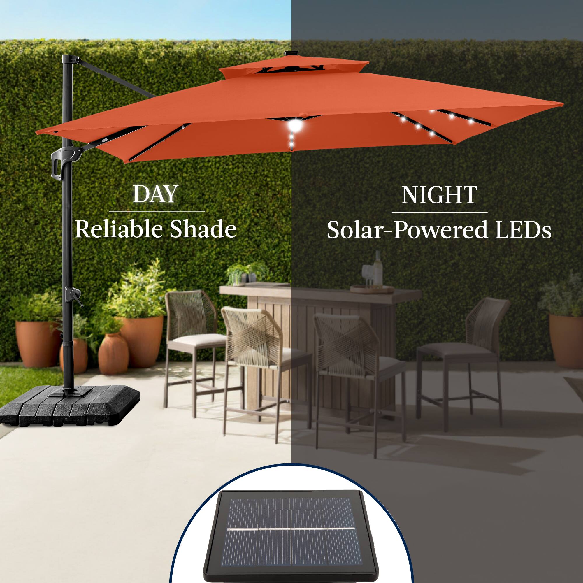 DAY  
Reliable Shade  

NIGHT  
Solar-Powered LEDs
