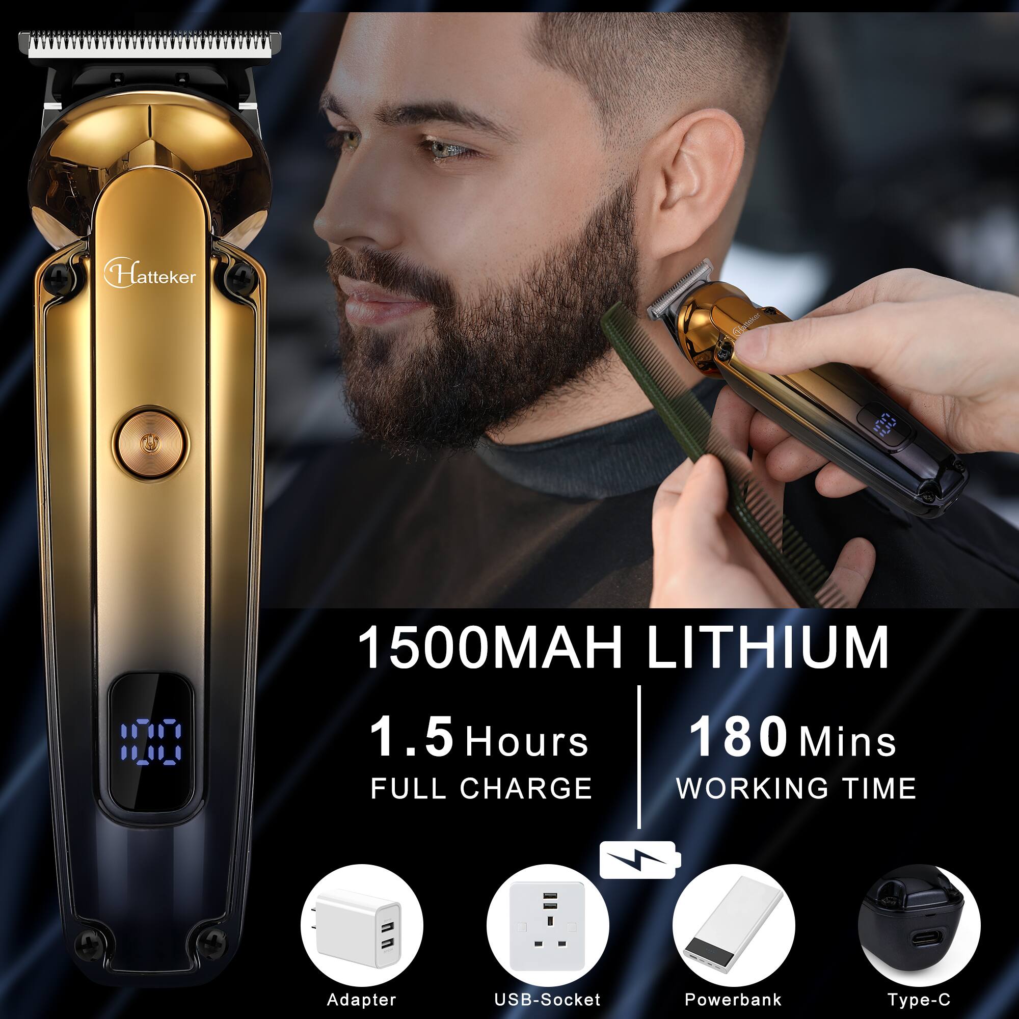 Hattaker  
1500MAH LITHIUM  
1.5 Hours 180 Mins FULL CHARGE WORKING TIME  
Adapter  
USB-Socket  
Powerbank  
Type-C