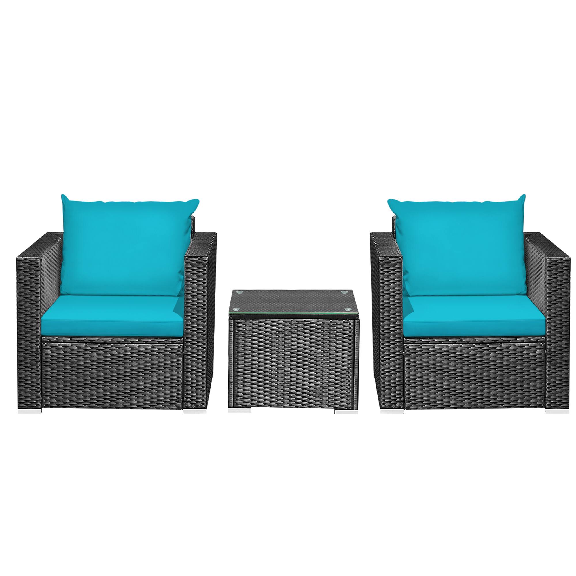 Alt View 4. Gymax - Gymax 3PCS Rattan Patio Conversation Furniture Set Outdoor w/ Turquoise Cushions - Turquoise.