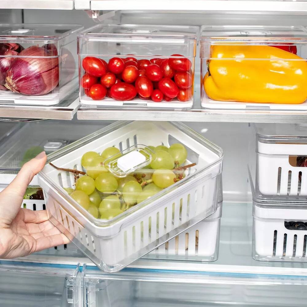 Angle. OU - OU Fridge Organizer Bins w Drain Basket & Vented Lid, Clear Refrigerator Storage Container, 4 Pack - Clear.