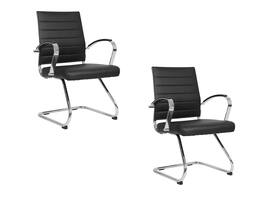 LeisureMod - Set of 2 Benmar Ribbed Leather Upholstered Office Chair with Chrome Arms and Sled Base Desk Seating for Home or Office - Black