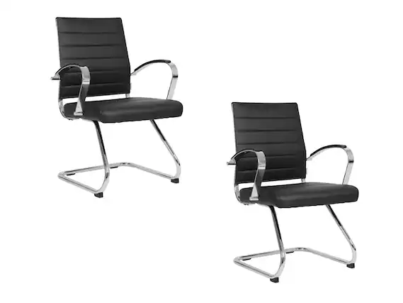 Front. LeisureMod - Set of 2 Benmar Ribbed Leather Upholstered Office Chair with Chrome Arms and Sled Base Desk Seating for Home or Office - Black.