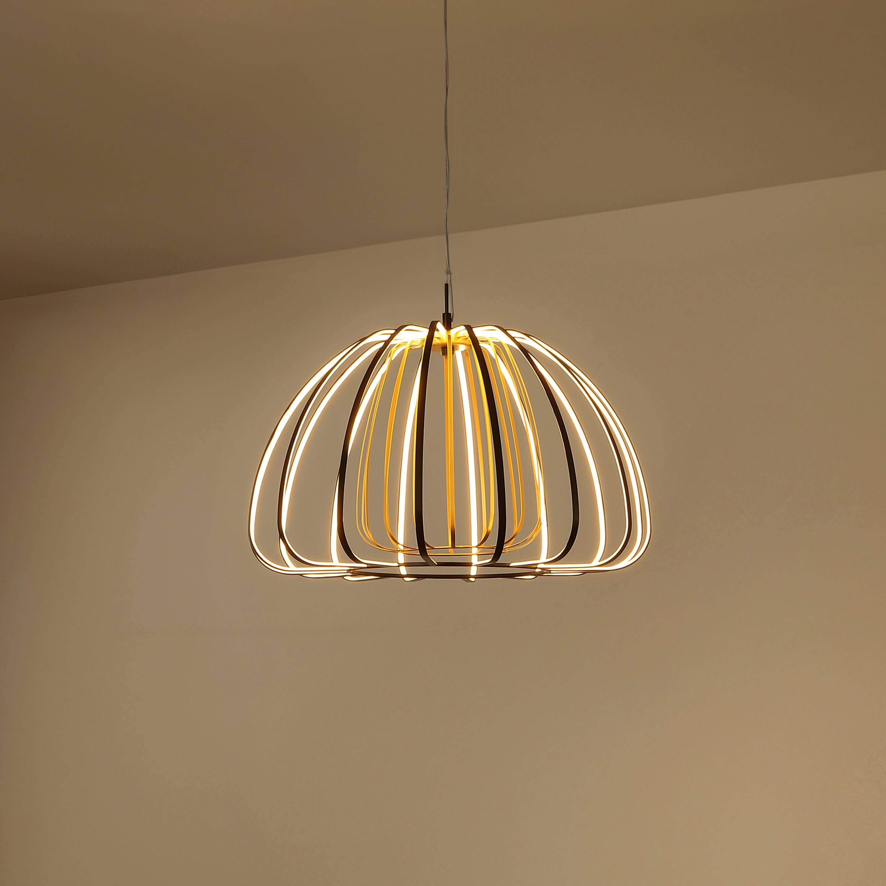 Alt View 1. Jonathan Y - Gigi 23.5" Modern Glam Metal Adjustable Dimmable Stripe Cage Integrated LED Pendant, Black/Gold Painting - Black/Gold Painting.