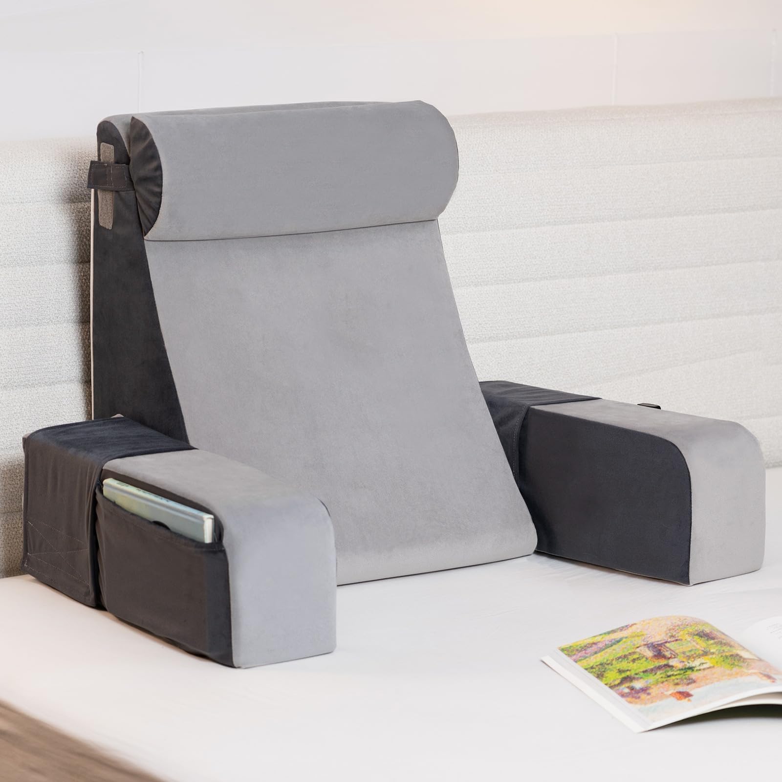 Front. Fabibe - 21" Reading Pillow For Sitting In Bed - 60° Wedge Xl Side Pockets Removable Cover Support Chair Tv Gaming Working - Gray-25 in(Over 5'11").