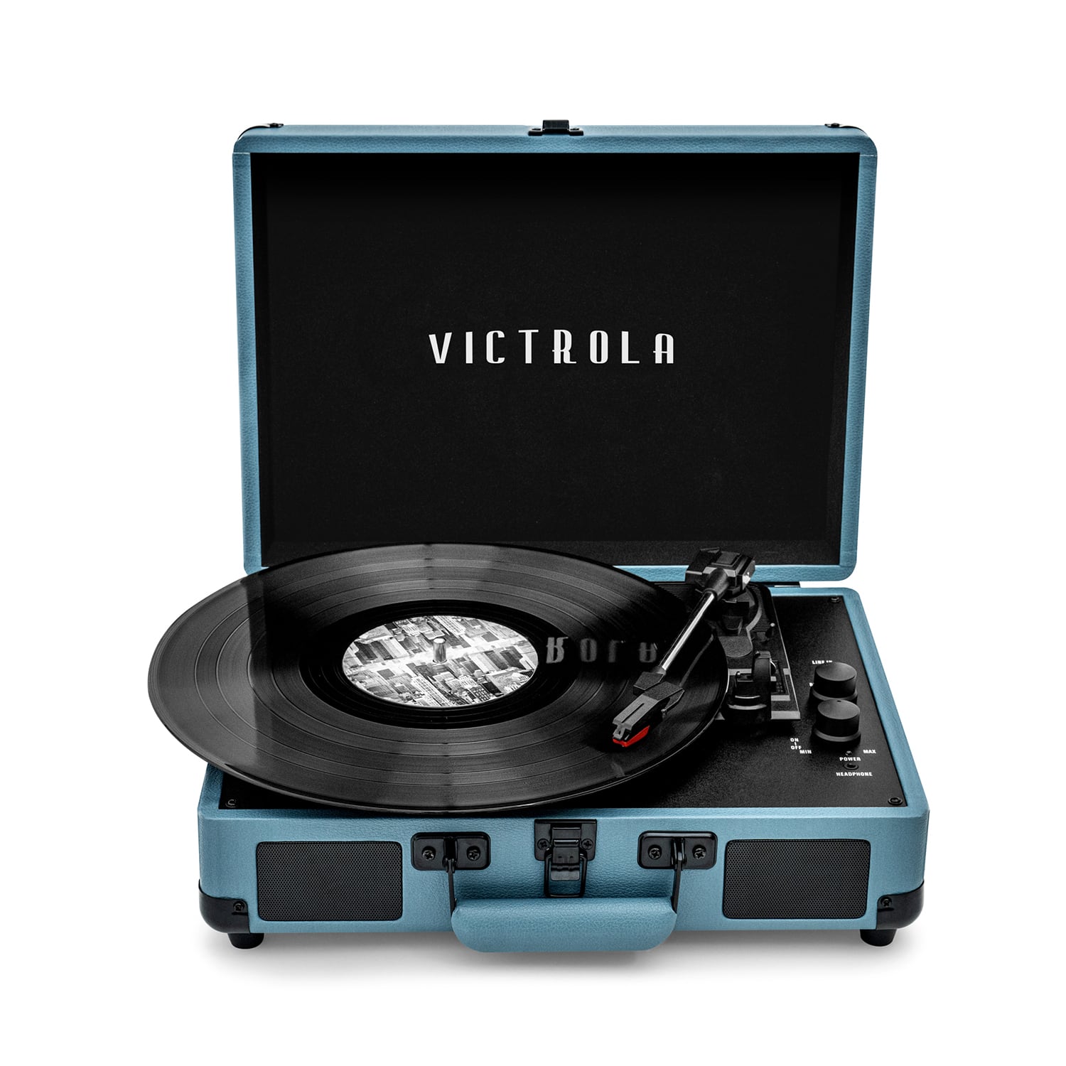 The image features a blue suitcase with a record player inside. The record player has a record on it, and the suitcase is open, revealing the record player and record. The suitcase is a portable record player, making it a convenient and compact way to enjoy music on the go.