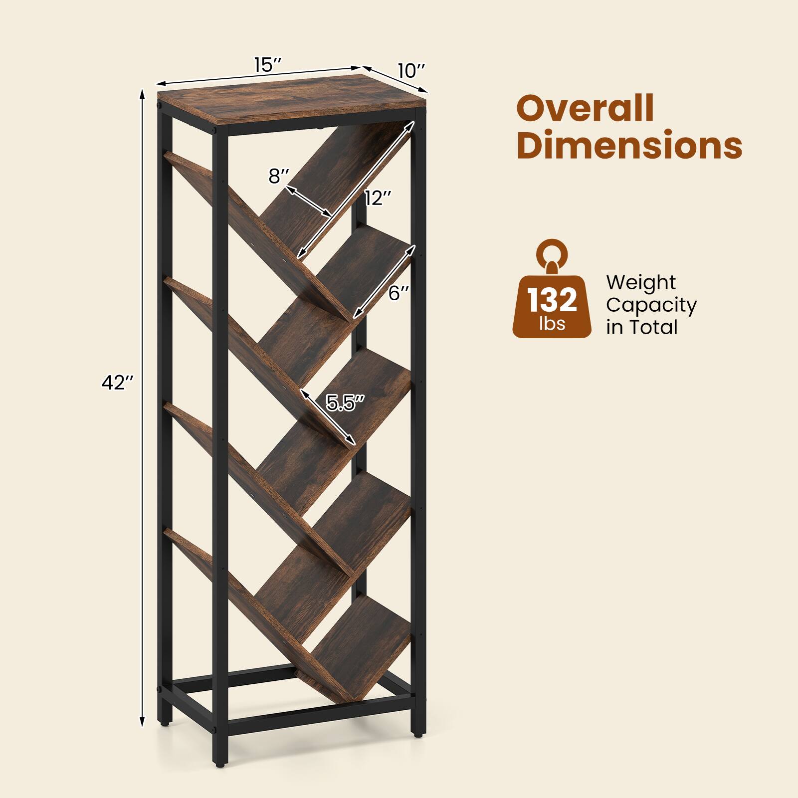 15" x 10" x 8" x 12" x 6" x 5.5"  
Overall Dimensions: 42"  
Weight Capacity: 132 lbs in Total