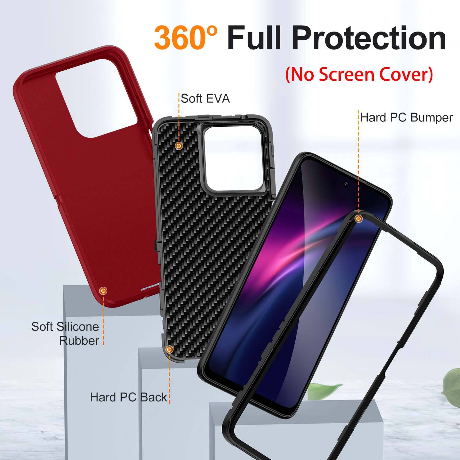 360° Full Protection (No Screen Cover)  
Soft EVA  
Hard PC Bumper  
Soft Silicone Rubber  
Hard PC Back