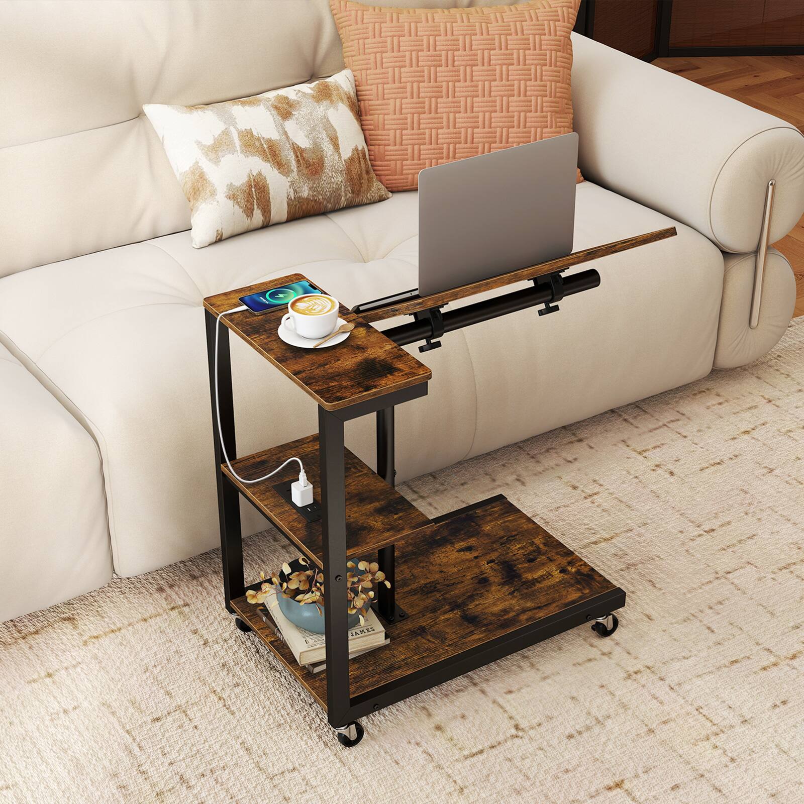 Alt View 1. Costway - Costway 1 PCS Height Adjustable C Table with Charging Station, Tiltable Tabletop, Storage Shelves - Rustic Brown + Black.