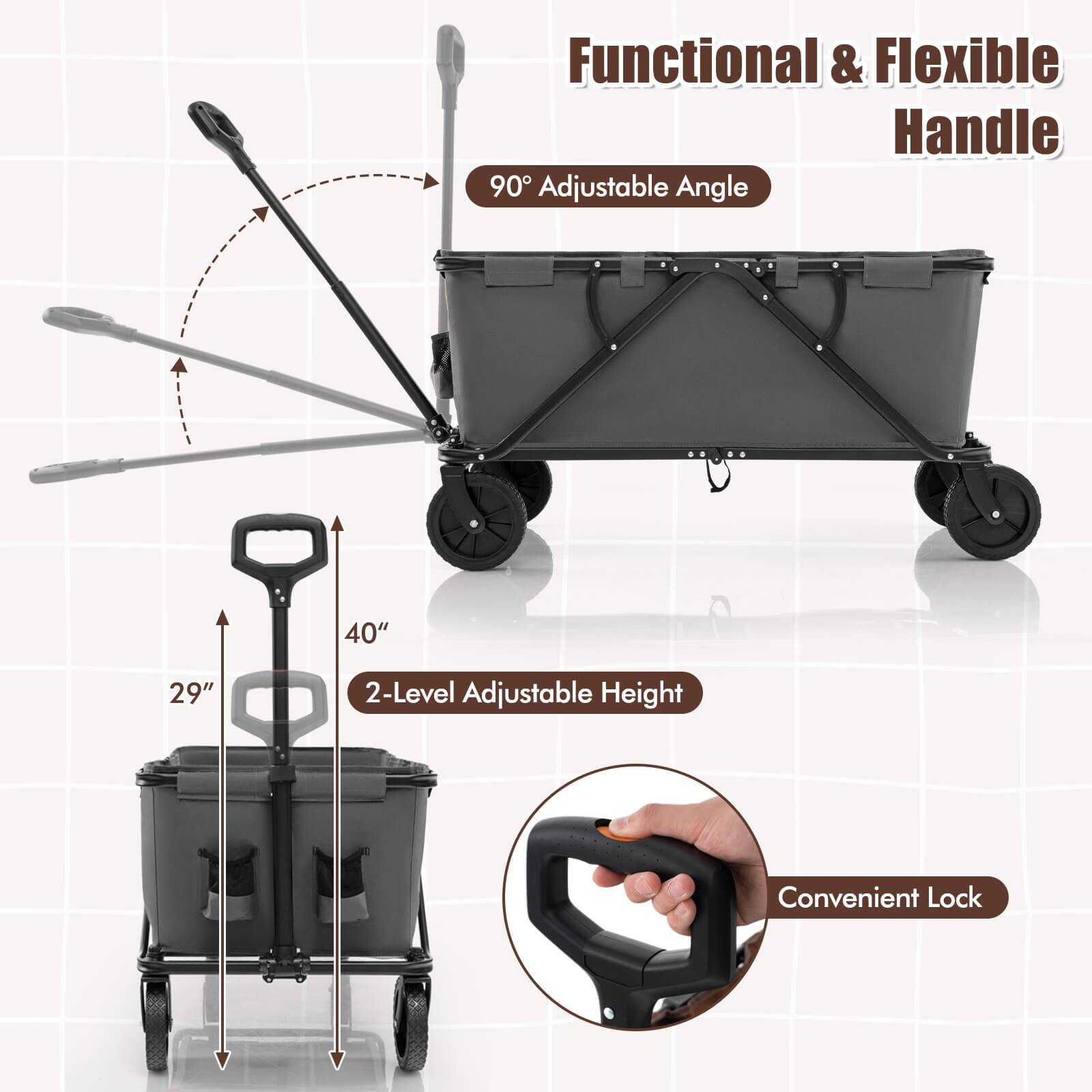 Functional & Flexible Handle: This handle is designed to be both functional and flexible, allowing for easy maneuvering and control while using the cart.
90 Adjustable Angle: The handle can be adjusted to a 90-degree angle, providing optimal comfort and control when pulling the cart.
40" 29" 2-Level Adjustable Height: The handle can be adjusted to two different heights, making it suitable for use by people of varying heights.
Convenient Lock: The handle features a convenient lock, ensuring that the cart remains securely in place when not in use.