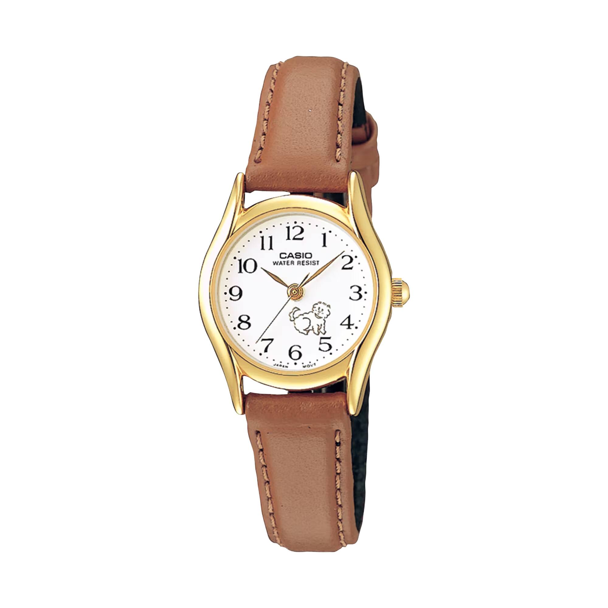Casio - Women’s White Dial Analog Watch with Tan Leather Strap - LTP-1094Q-7B7RDF - Brown
