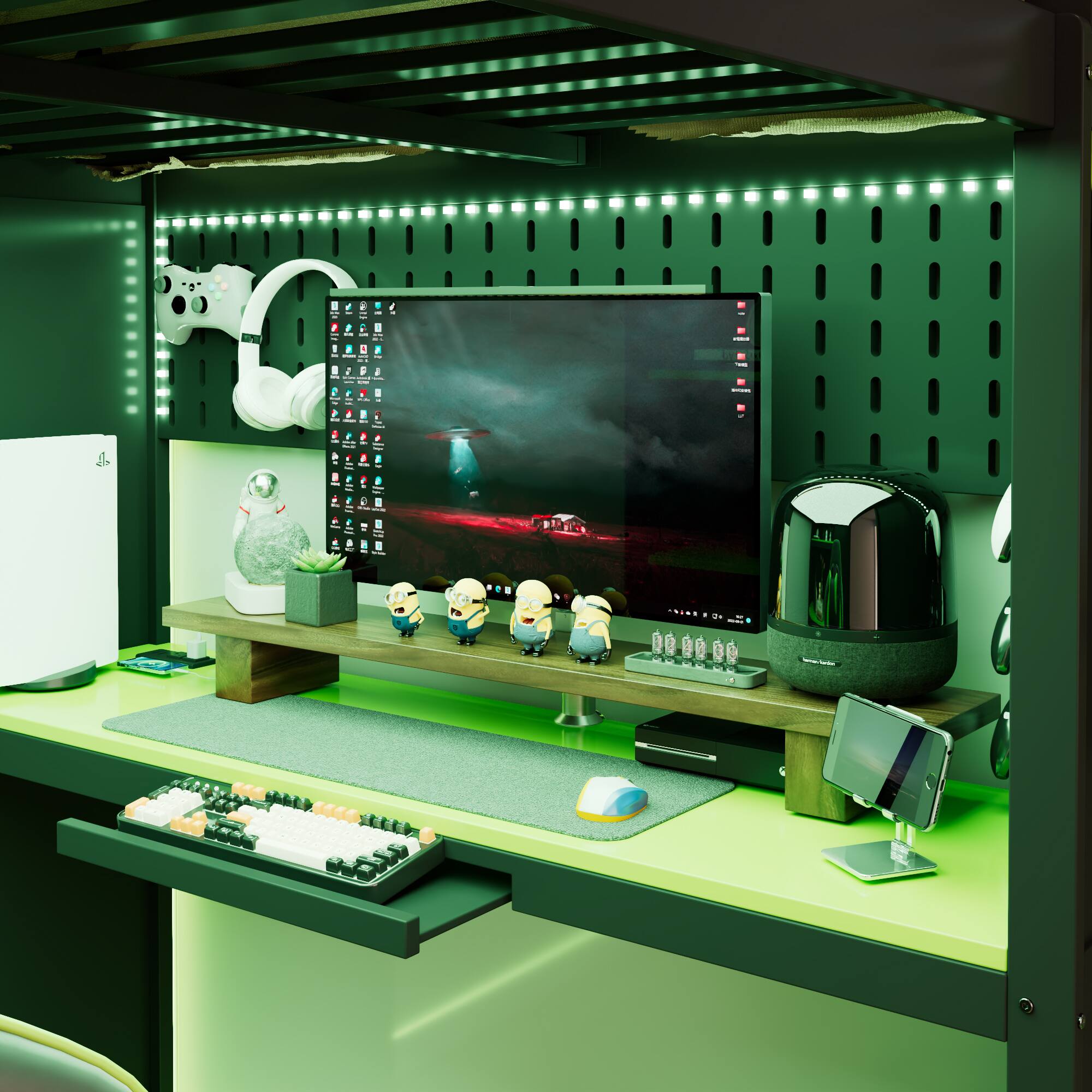 Left. Anysun - Full Size Wood Loft Bed with,Wardrobe,Shelves,Blackout Curtains,and RGB Lights - Green.