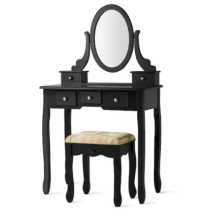 Front. Costway - Costway Vanity Table Dressing Table 5 Make Up Table Stool - Black.