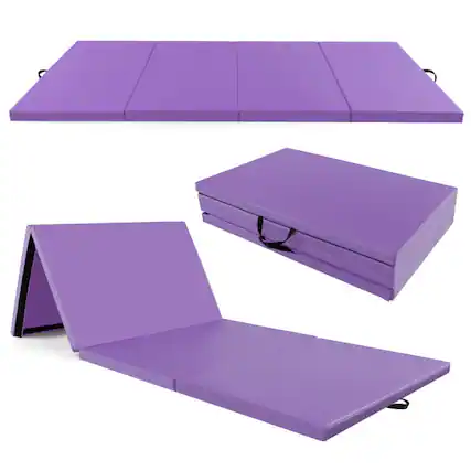 Front. SlickBlue - Folding 4-Panel Exercise Mat with PU Cover and Built-In Carry Handles - Purple.