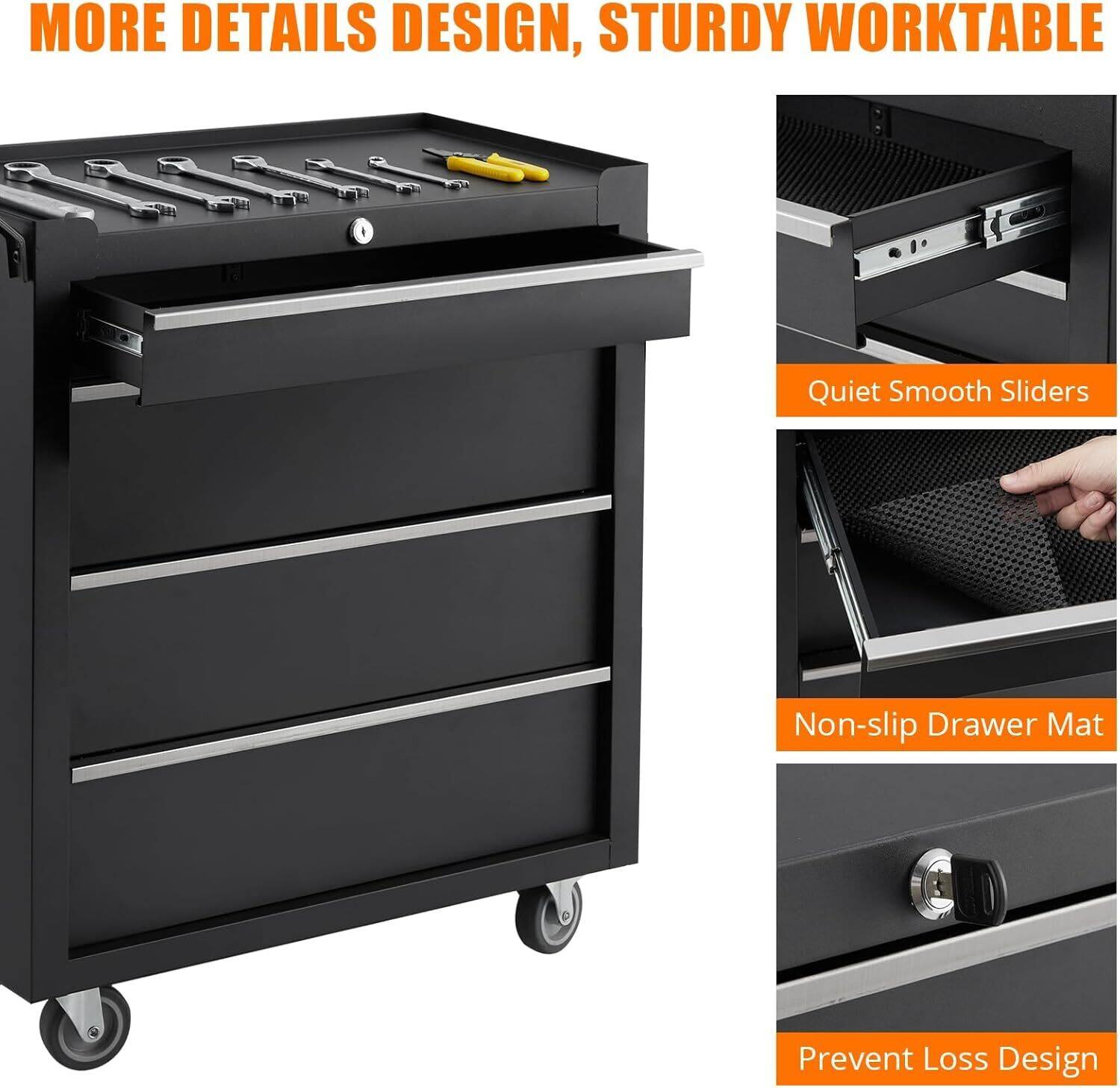 MORE DETAILS DESIGN, STURDY WORKTABLE

- Quiet Smooth Sliders
- Non-slip Drawer Mat
- Prevent Loss Design