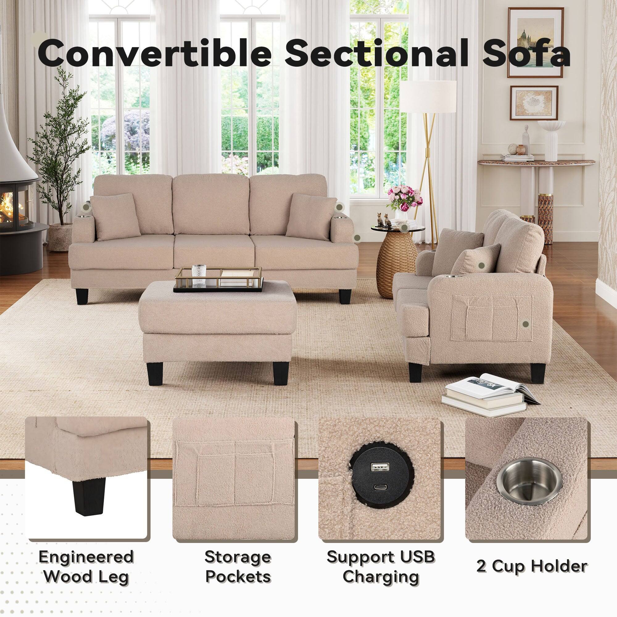 Convertible Sectional Sofa  
Engineered Wood Leg  
Storage Pockets  
Support USB Charging  
2 Cup Holder