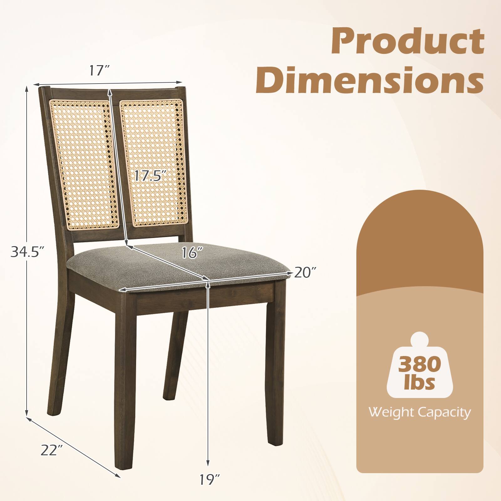17"  
Product Dimensions  
17.5"  
34.5"  
16"  
20"  
380 lbs  
Weight Capacity  
22"  
19"