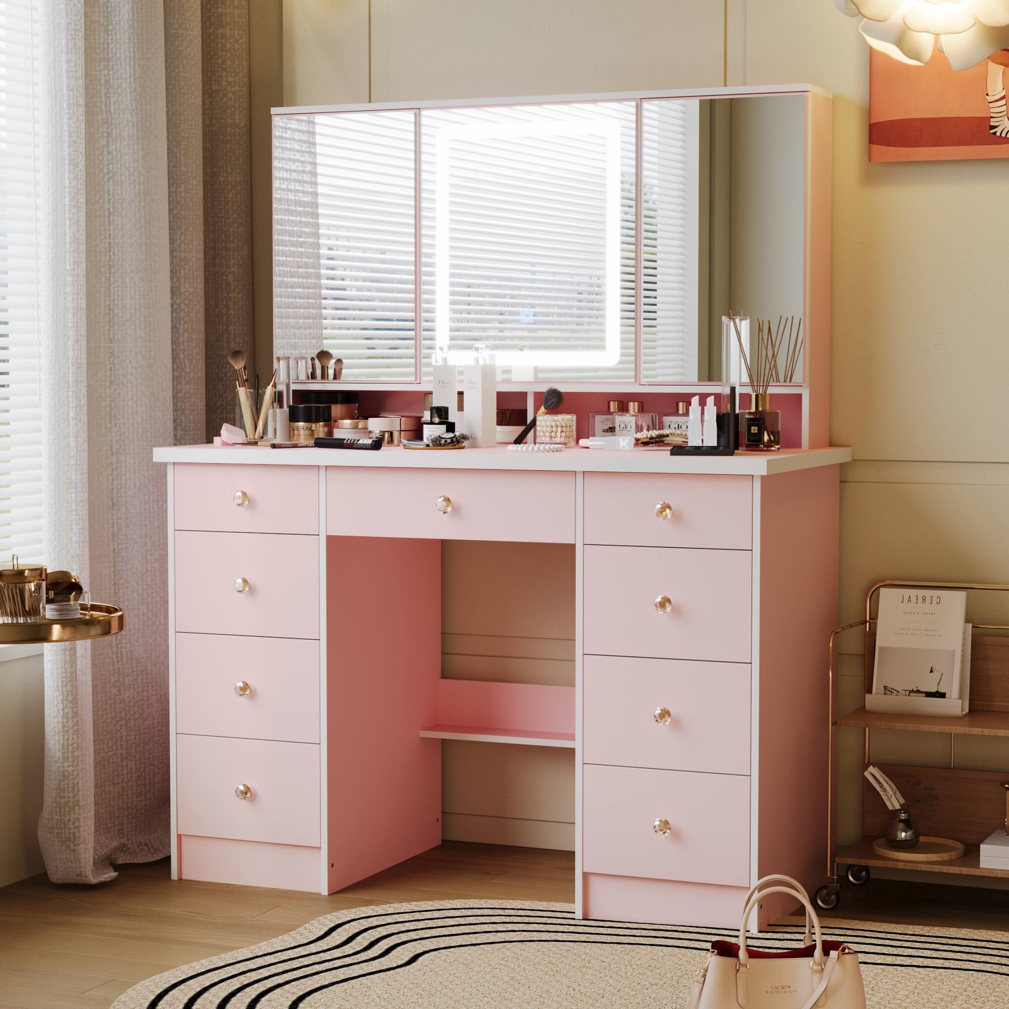 Alt View 2. Famapy - Princess - Style Smart Vanity Table with Lighted Mirror - Your Ideal Makeup Station - Pink.