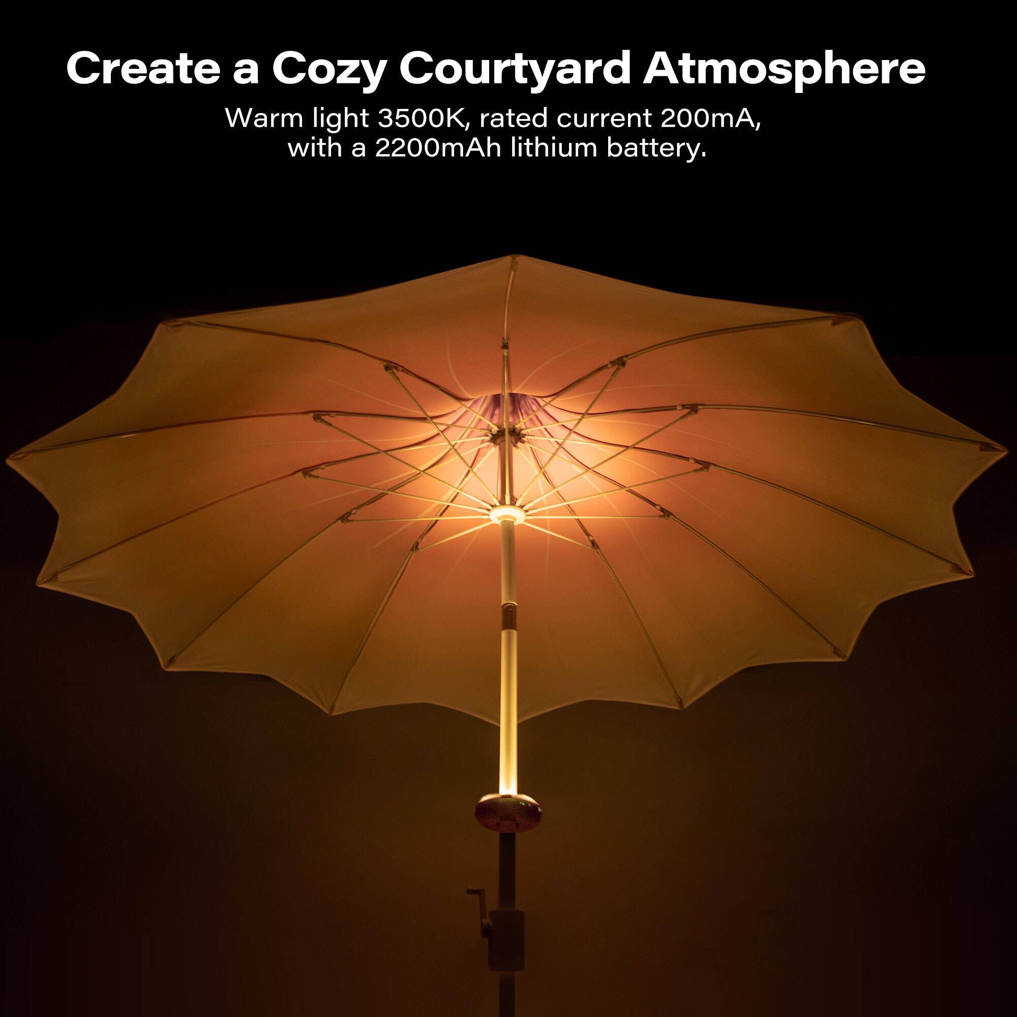 Create a Cozy Courtyard Atmosphere  
Warm light 3500K, rated current 200mA, with a 2200mAh lithium battery.