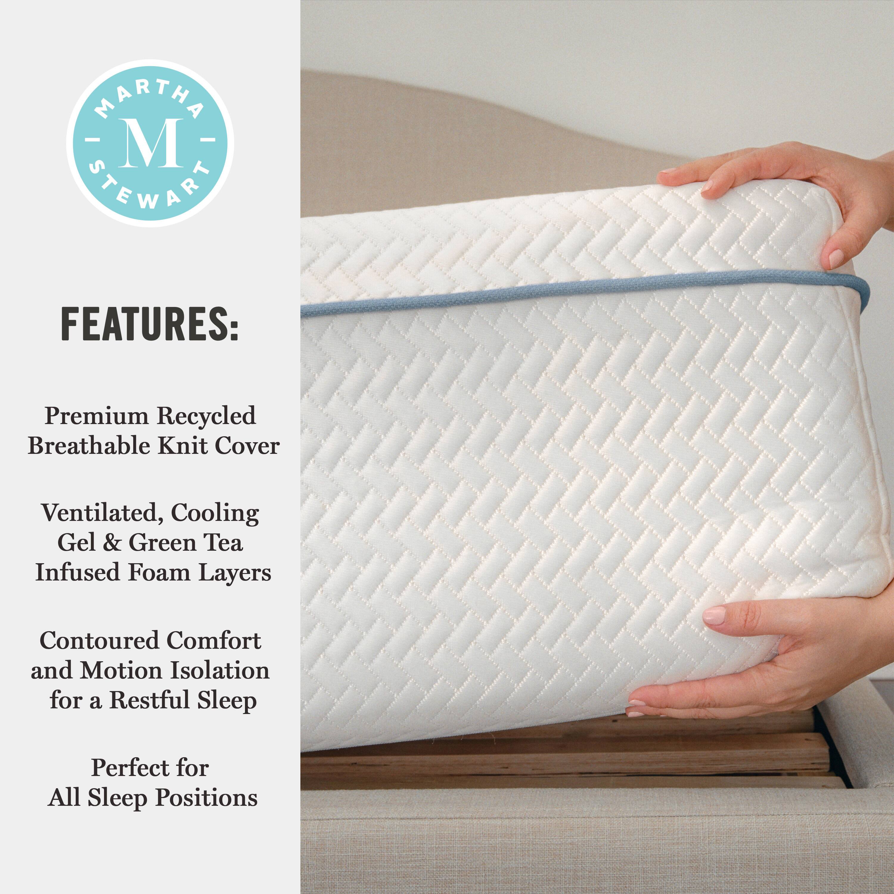 MARTHA STEWART FEATURES: Premium Recycled Breathable Knit Cover, Ventilated, Cooling Gel & Green Tea Infused Foam Layers, Contoured Comfort and Motion Isolation for a Restful Sleep, Perfect for All Sleep Positions.