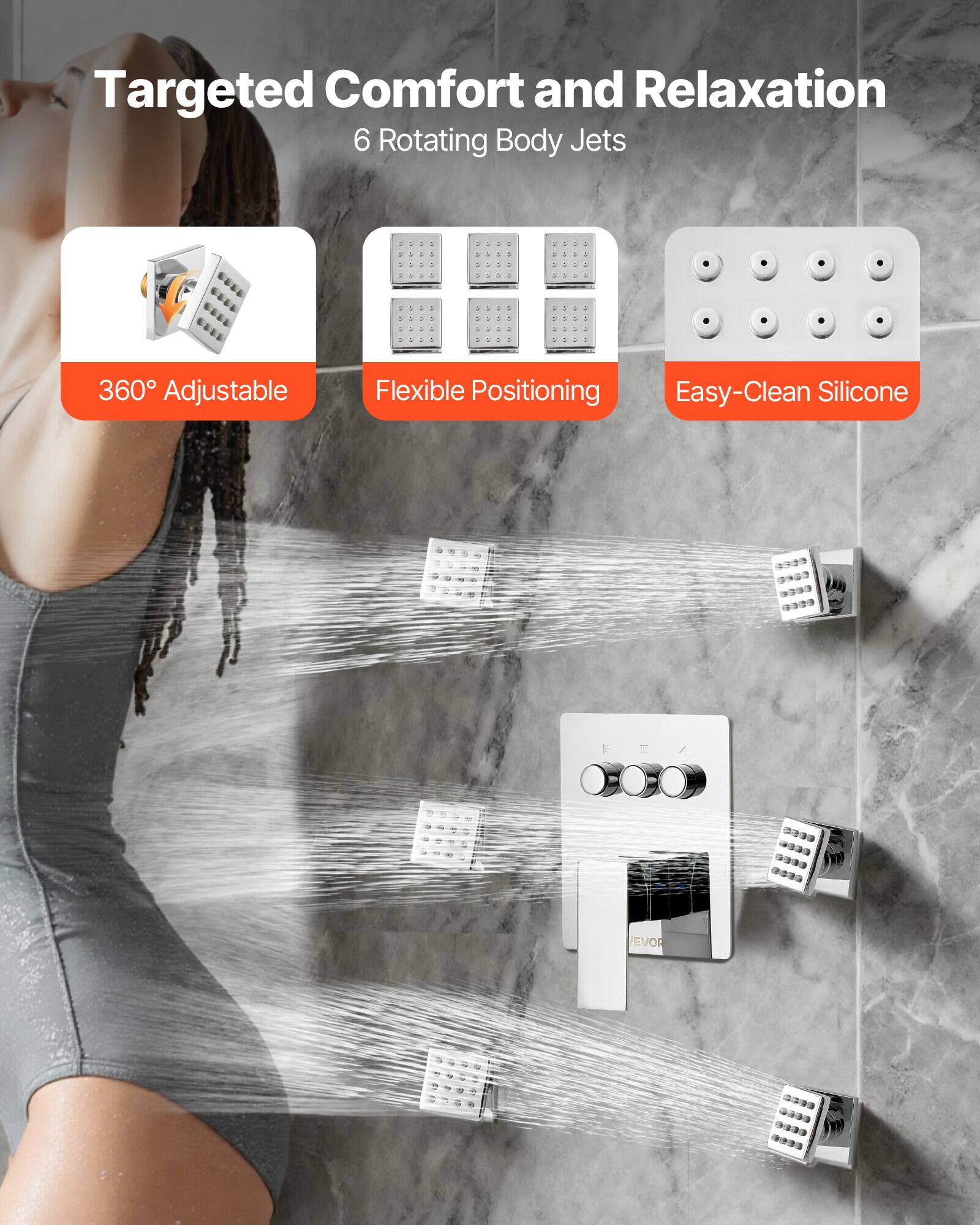 Targeted Comfort and Relaxation  
6 Rotating Body Jets  

360° Adjustable  
Flexible Positioning  
Easy-Clean Silicone