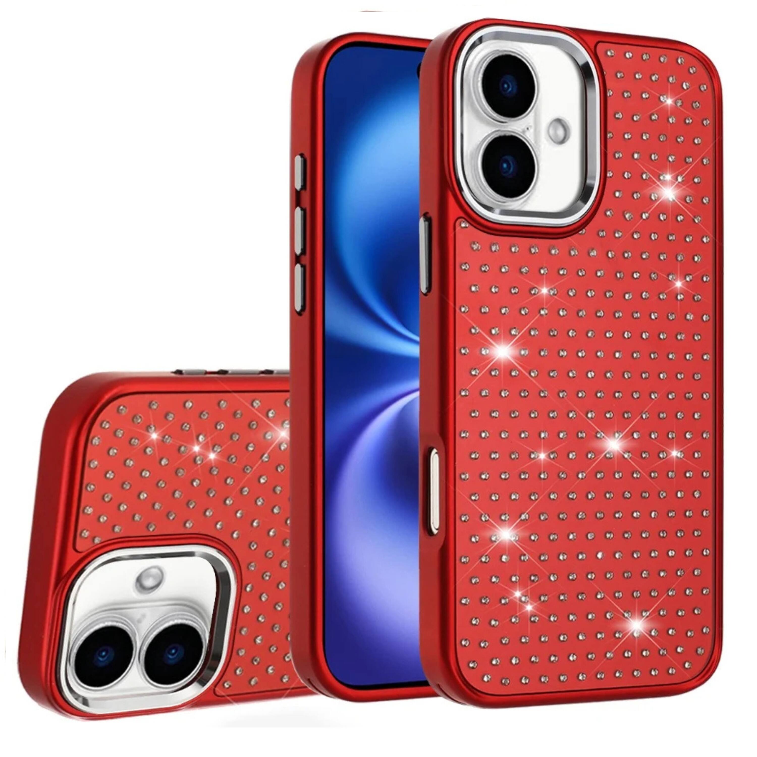Kitcheniva - Bling Faux Crystal Chrome Plated Phone Case With Tempered Glass For iPhone 17 - Red