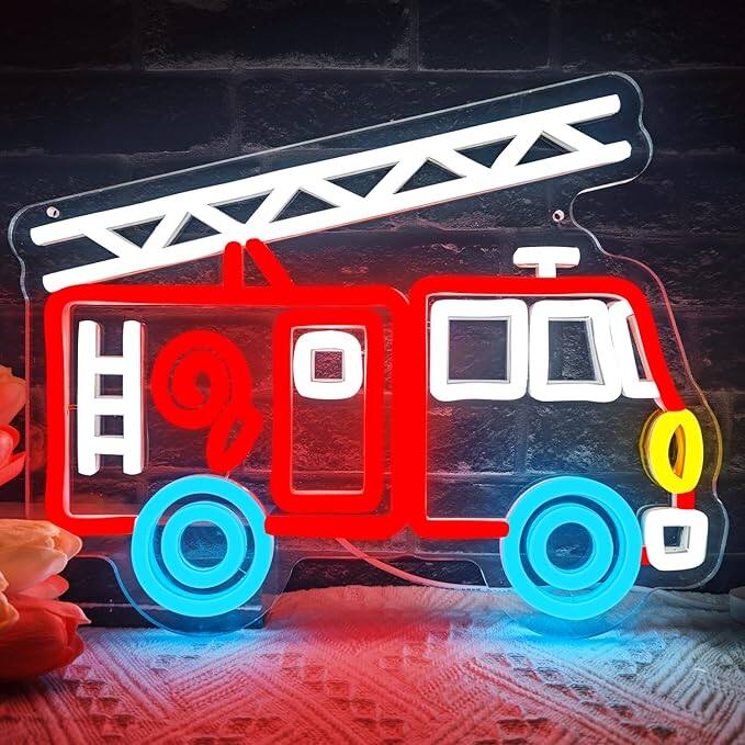 Front. Auledio - Fire Truck neon Sign, dimmable fire LED Light, Firefighter neon Light, Suitable for Teenager Room Decoration - Multicolor.