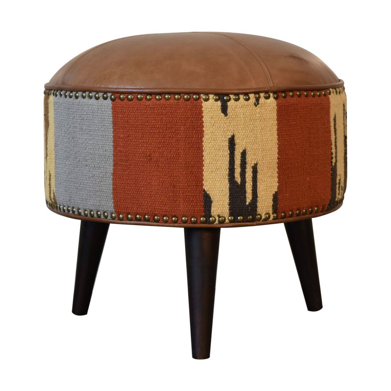 Alt View 5. Artisan Furniture - Artisan Furniture Solid Wood Durrie & Leather Mixed Footstool - Brown.