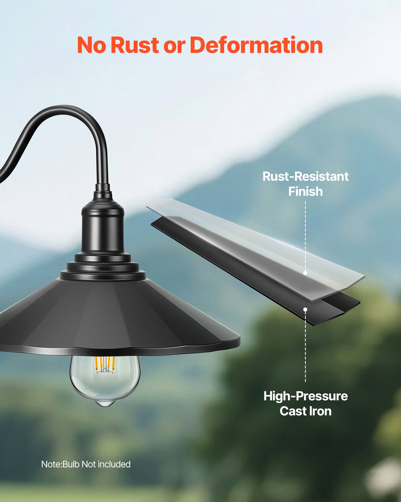 No Rust or Deformation

Rust-Resistant Finish

High-Pressure Cast Iron

Note: Bulb Not included