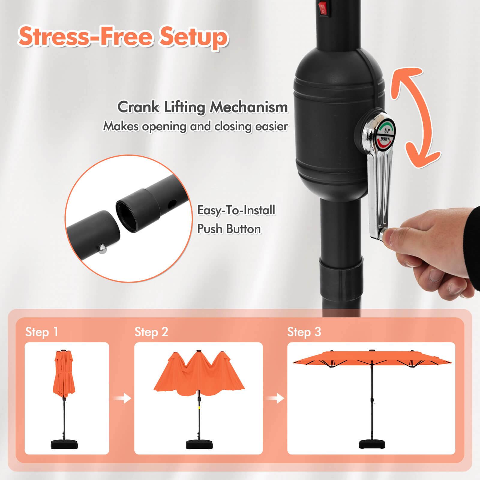 Stress-Free Setup, Crank Lifting Mechanism Makes opening and closing easier, Easy-To-Install Push Button, Step 1, Step 2, Step 3