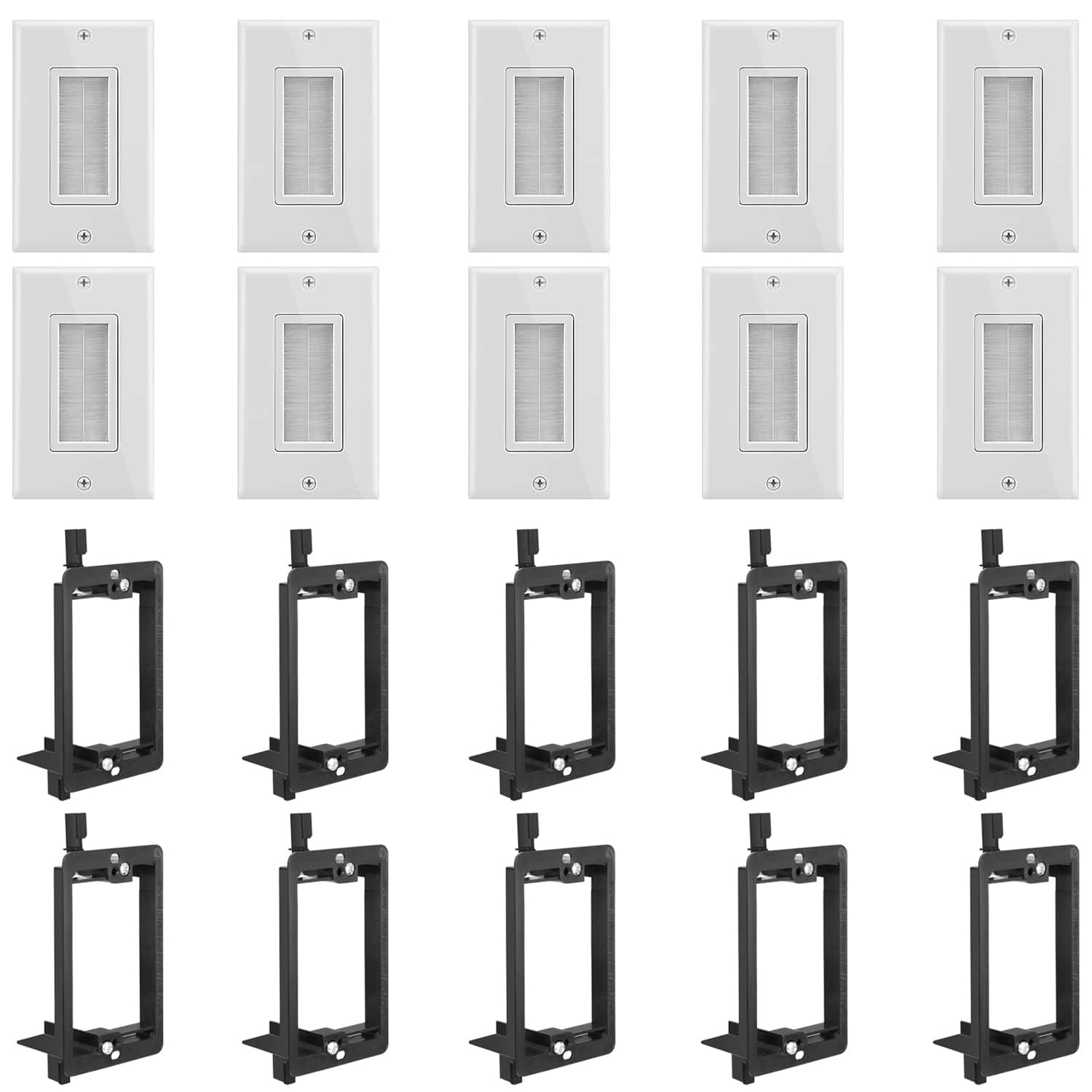 Fosmon - 1-Gang Wall Plate with Brush + 1-Gang Low Voltage Mounting Bracket (Black) - 10 Pack - White