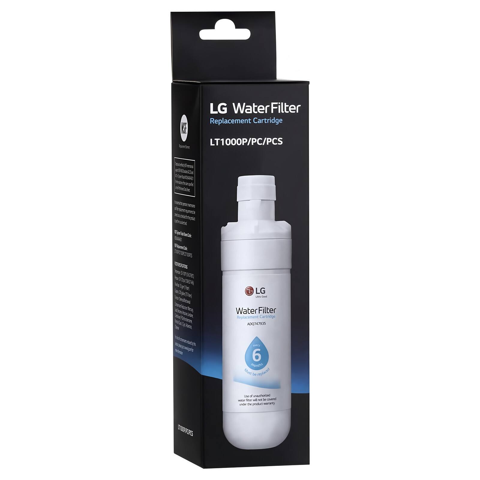 LG WaterFilter Replacement Cartridge  
LT1000P/PC/PCS  

LG WaterFilter Replacement Cartridge  
A00747935  

6 months  
Replace every 6 months  

Use of unauthorized water filter may not be covered by the product warranty.  

KURS