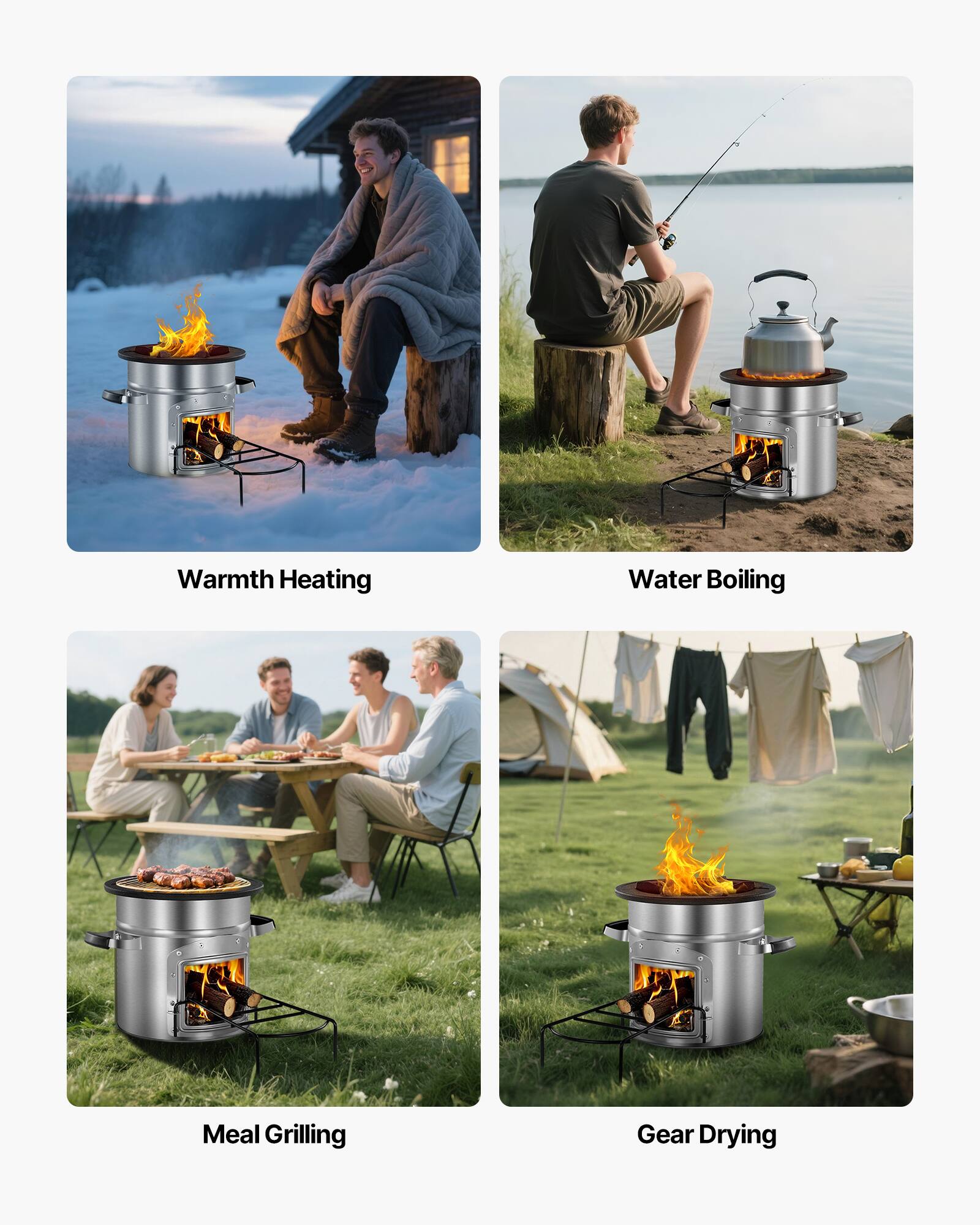 Warmth Heating  
Water Boiling  
Meal Grilling  
Gear Drying