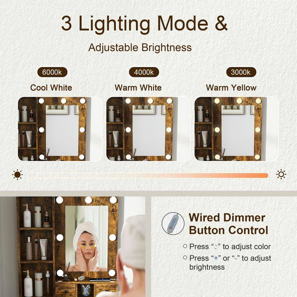 3 Lighting Mode & Adjustable Brightness

6000k Cool White  
4000k Warm White  
3000k Warm Yellow  

Wired Dimmer Button Control  
- Press “” to adjust color  
- Press “+” or “-” to adjust brightness