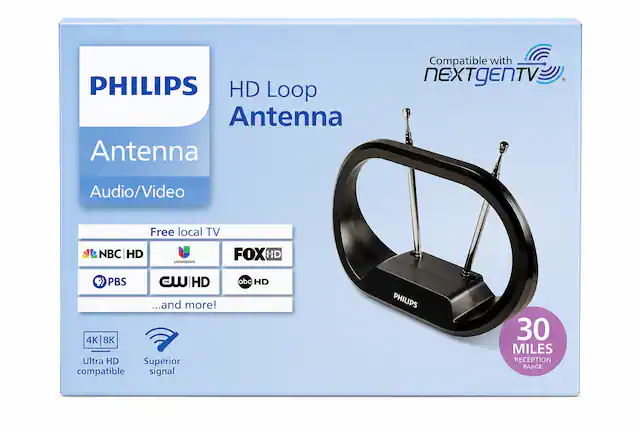 PHILIPS HD Loop Antenna
Antenna Compatible with nEXTgENTV
Audio/Video
Free local TV NBC HD, Univision, FOX HD, PBS, CW HD, ...and more!
4K 8K Ultra HD Superior compatible signal abc HD
PHILIPS 30 MILES RECEPTION RANGE