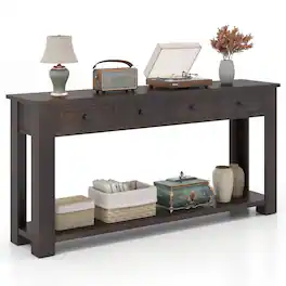 Gymax - 63'' Farmhouse Entryway Table with 4 Storage Drawers and Open Shelf - Espresso