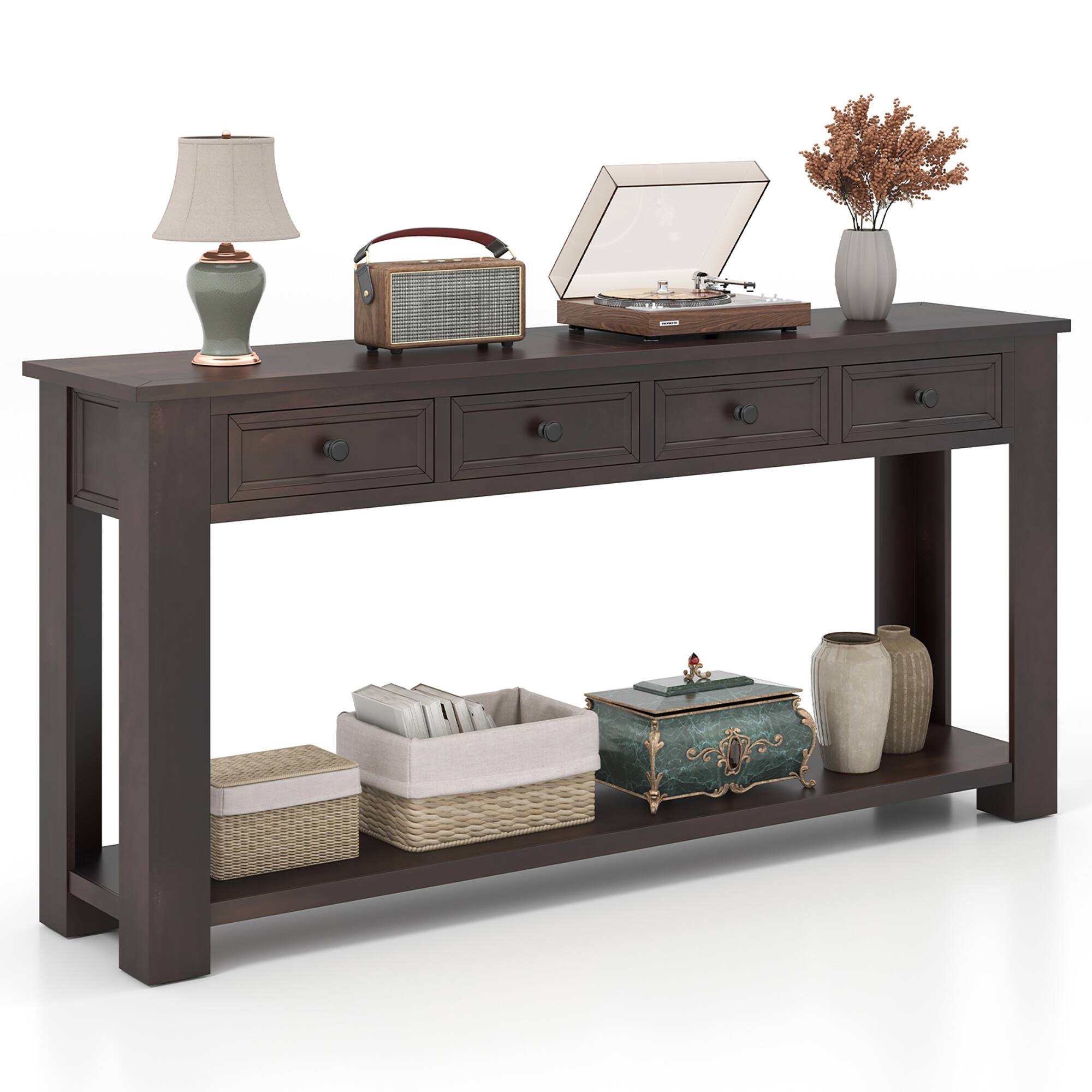Front. Gymax - Gymax 63'' Farmhouse Entryway Table with 4 Storage Drawers and Open Shelf Espresso - Espresso.