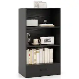 Costway - 42" Tall 4-tier Storage Shelf Wood Bookcase with Drawer Home Organizer Display Rack - Black
