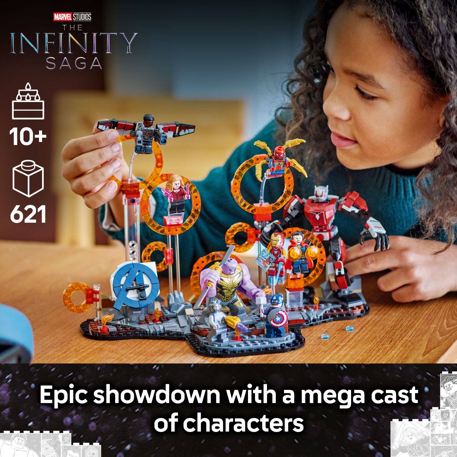 The image features a young girl playing with a LEGO set from the Marvel Studios The Infinity Saga. She is holding a piece of the LEGO set and looking at the instructions. The set includes a variety of characters, making for an epic showdown with a mega cast of characters. The girl is sitting at a table with the LEGO set in front of her, fully engaged in the building process.