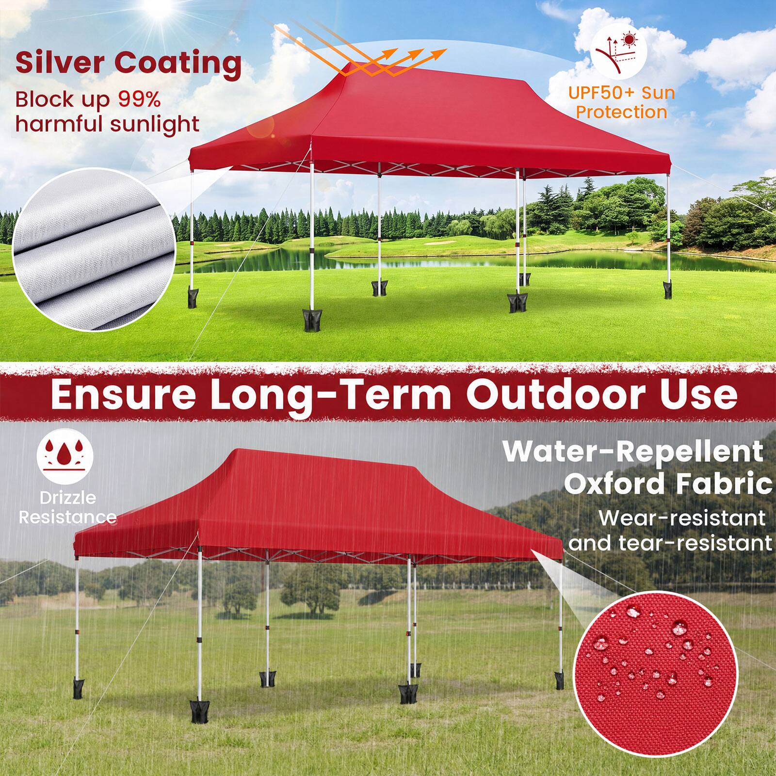 Silver Coating  
Block up 99% harmful sunlight  

UPF50+ Sun Protection  

Ensure Long-Term Outdoor Use  
Water-Repellent Oxford Fabric  
Drizzle Resistance  
Wear-resistant and tear-resistant