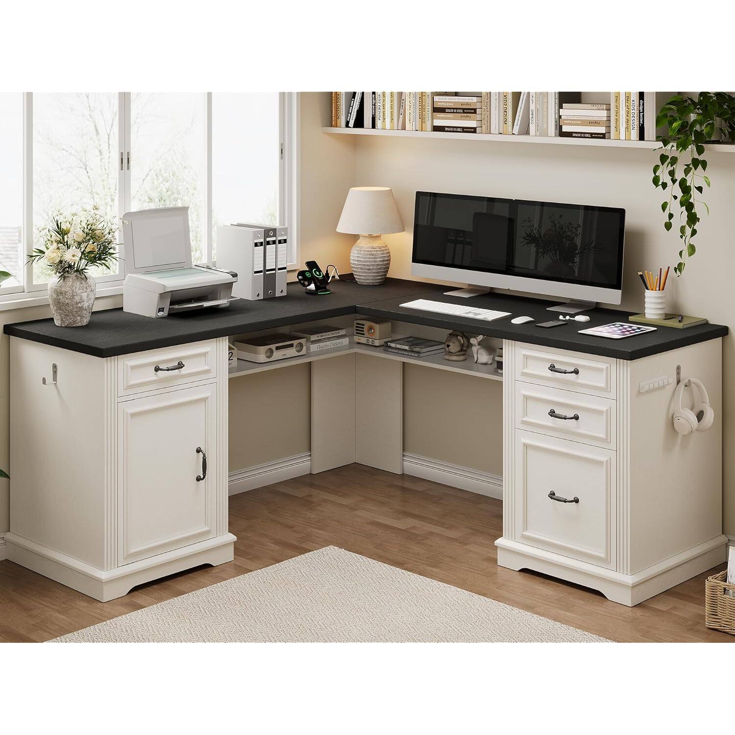 Front. Zell Electronics - White Farmhouse L-Shaped Executive Desk with 4 Drawers, Hidden Shelf & Built-in Charging Port - Antique White.
