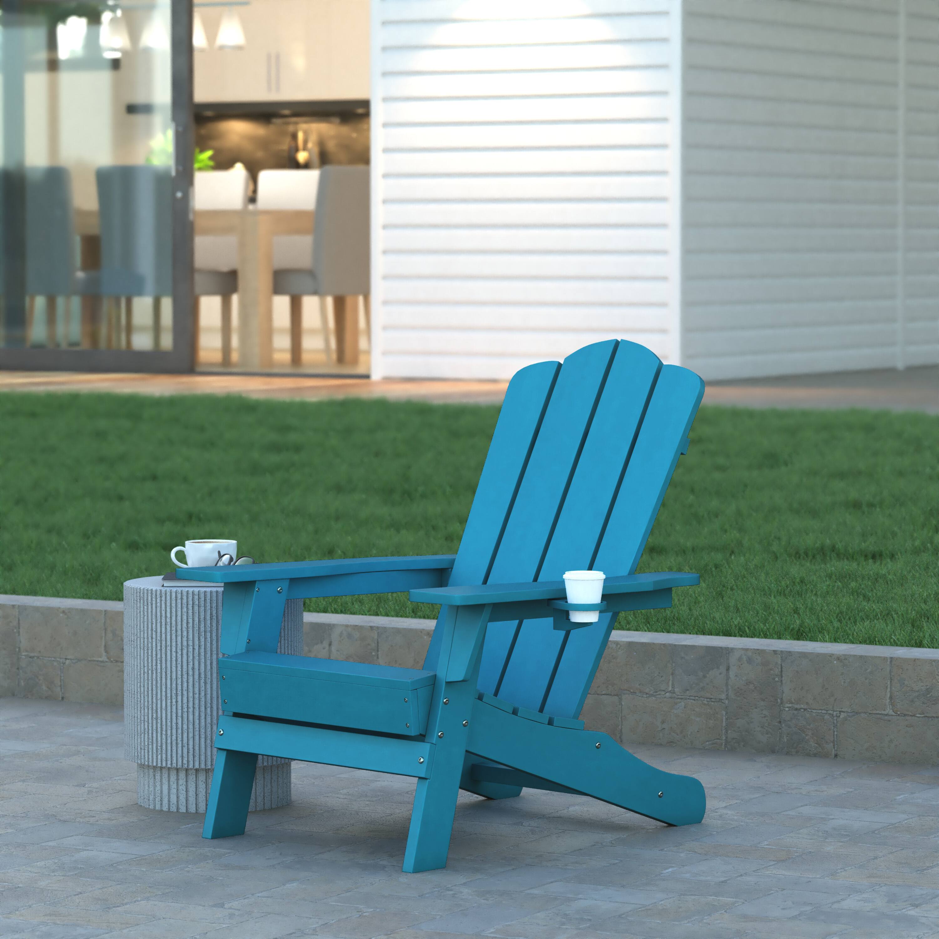 Alt View 1. Emma + Oliver - Tiverton Adirondack Chair with Cup Holder, Weather Resistant HDPE Adirondack Chair - Blue.