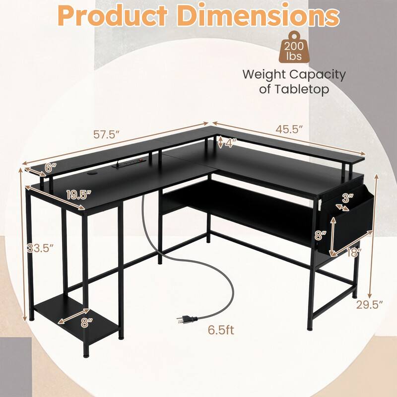 Product Dimensions: 200 lbs Weight Capacity of Tabletop  
57.5" x 45.5" x 19.5" x 33.5" x 29.5"  
Height: 4" x 6" x 8" x 18"  
Overall Length: 6.5ft